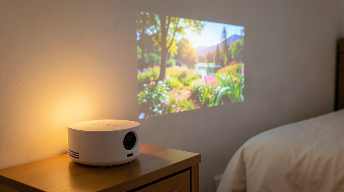 Meilleur vidéoprojecteur portable posé sur une table de chevet, qui projette un film de nature sur le mur d'une chambre le soir