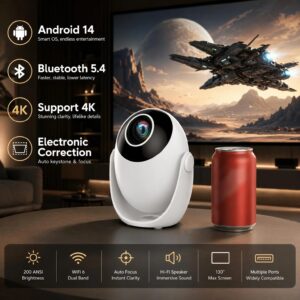 Mini vidéoprojecteur boule sur socle rotatif, Android 14, vue de trois quarts