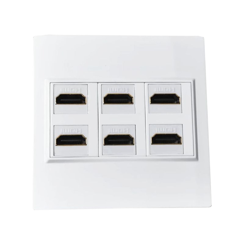 Plaque murale HDMI à 4 ou 6 ports, format 86 x 86 mm, vue de trois quarts