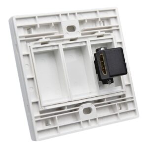 Prise HDMI murale 86 x 86 mm à connecteur coudé, deux caches libres, vue de trois quarts