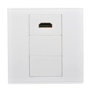 Prise HDMI murale 86 x 86 mm à connecteur coudé, deux caches libres, vue de face