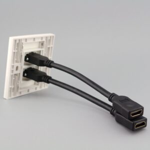 Prise HDMI murale double à cordons de 20 cm, plaque 86 x 86 mm, vue de trois quarts