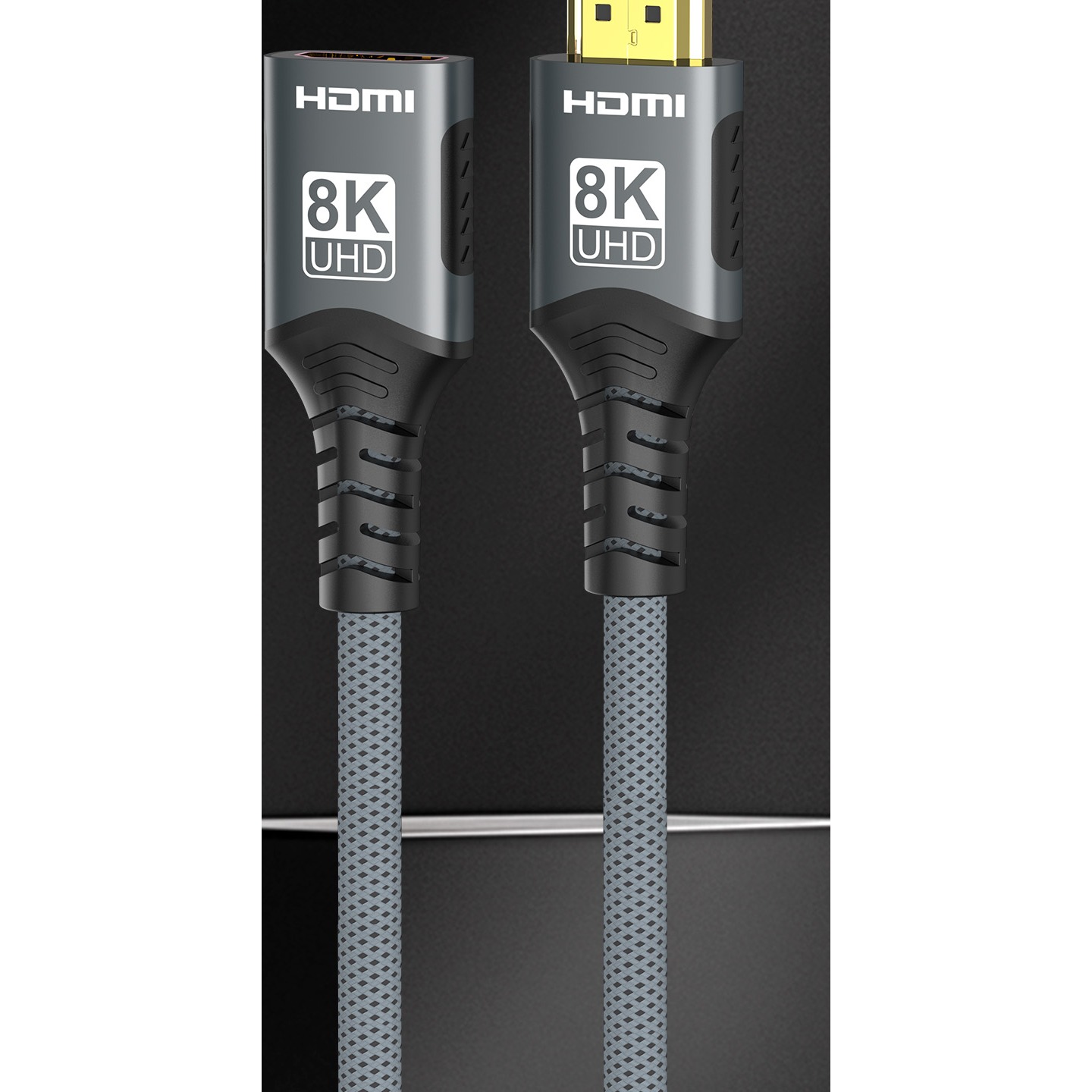 Rallonge HDMI 2.1 8K tressée, mâle vers femelle, 1 m ou 2 m, vue de trois quarts