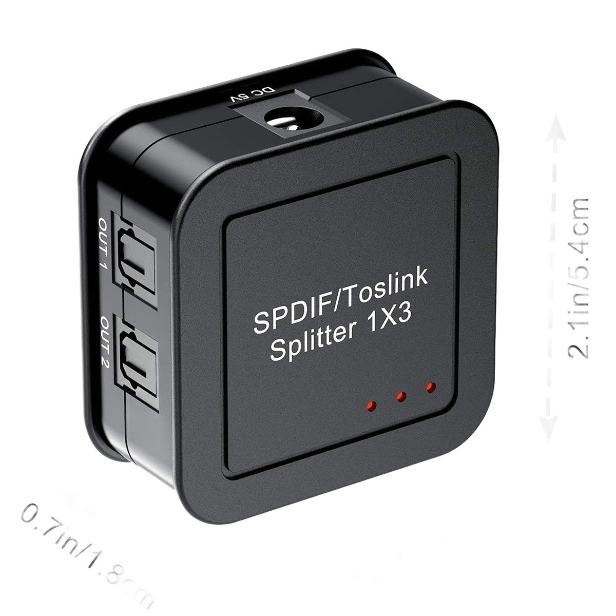 Répartiteur optique TOSLINK 1 entrée 3 sorties, audio numérique, vue de trois quarts