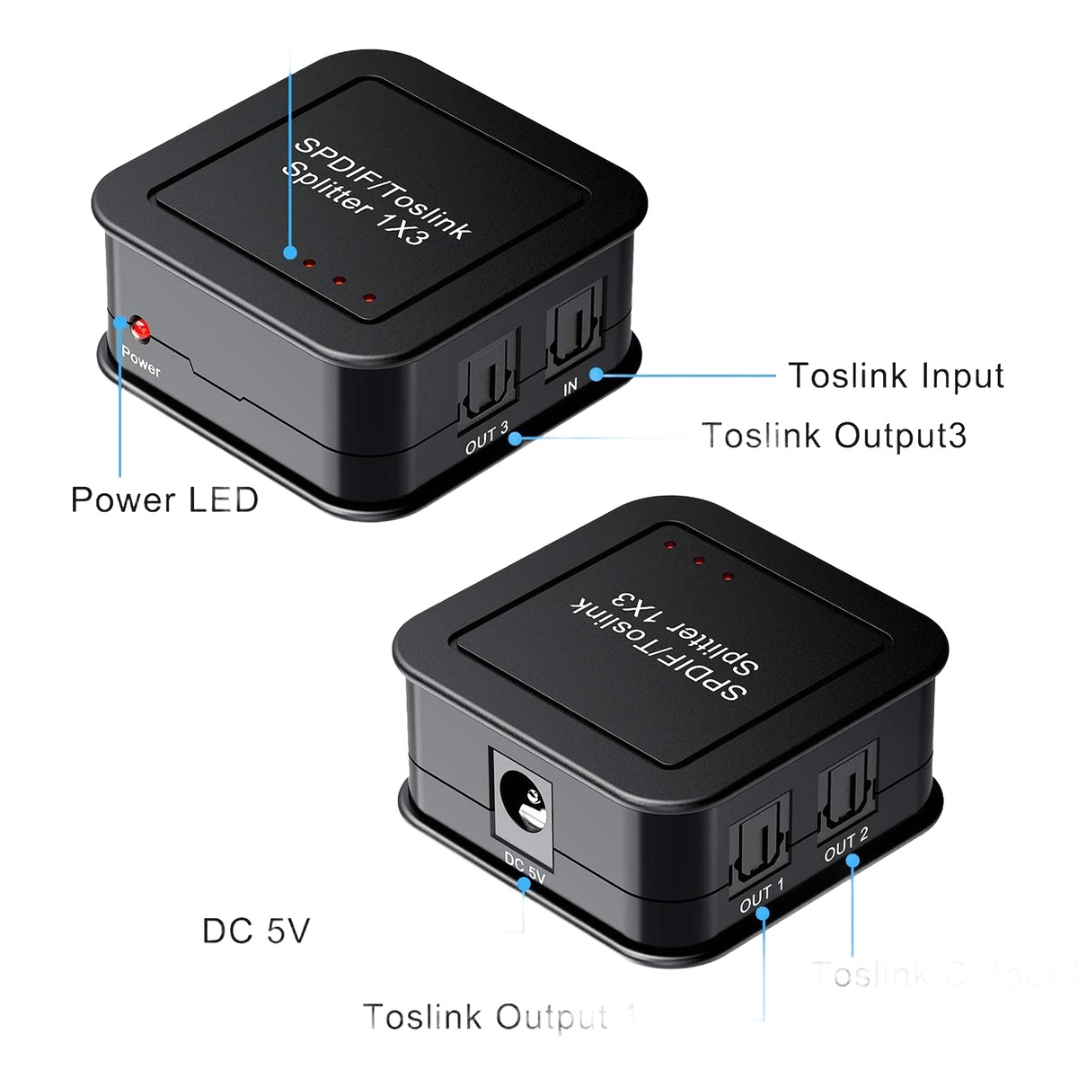 Répartiteur optique TOSLINK 1 entrée 3 sorties, audio numérique, vue de face