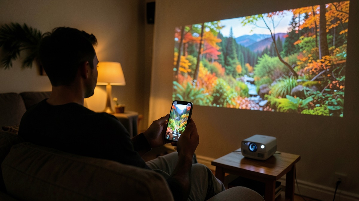 Screen mirroring : homme sur un canapé qui recopie l'écran de son téléphone sur un mur avec un vidéoprojecteur portable