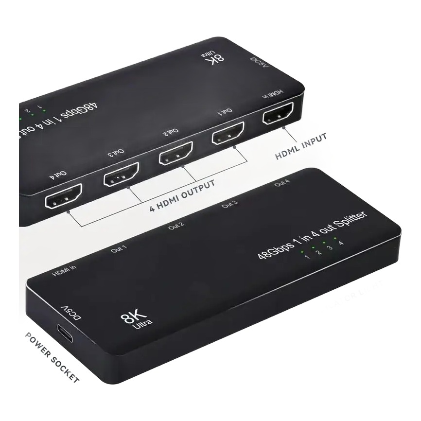 Splitter HDMI 8K 1 entrée 4 sorties, version 8K ou 4K 120 Hz, vue de trois quarts
