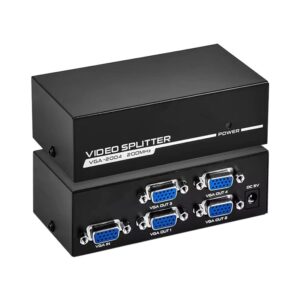 Splitter VGA 1 entrée 4 sorties, boîtier alimenté 200 MHz, vue de trois quarts
