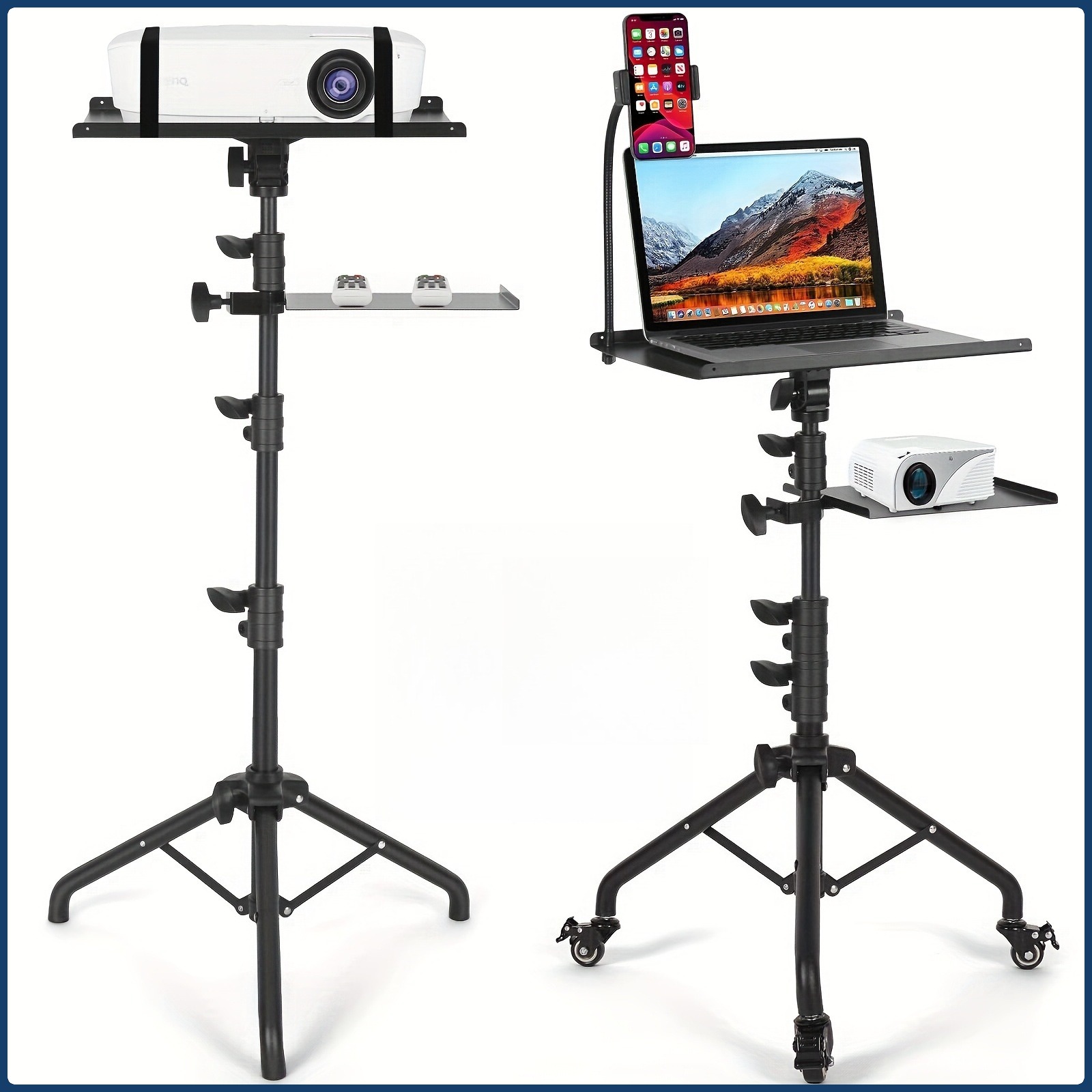 Support vidéoprojecteur à roulettes, deux plateaux et bras téléphone, detail
