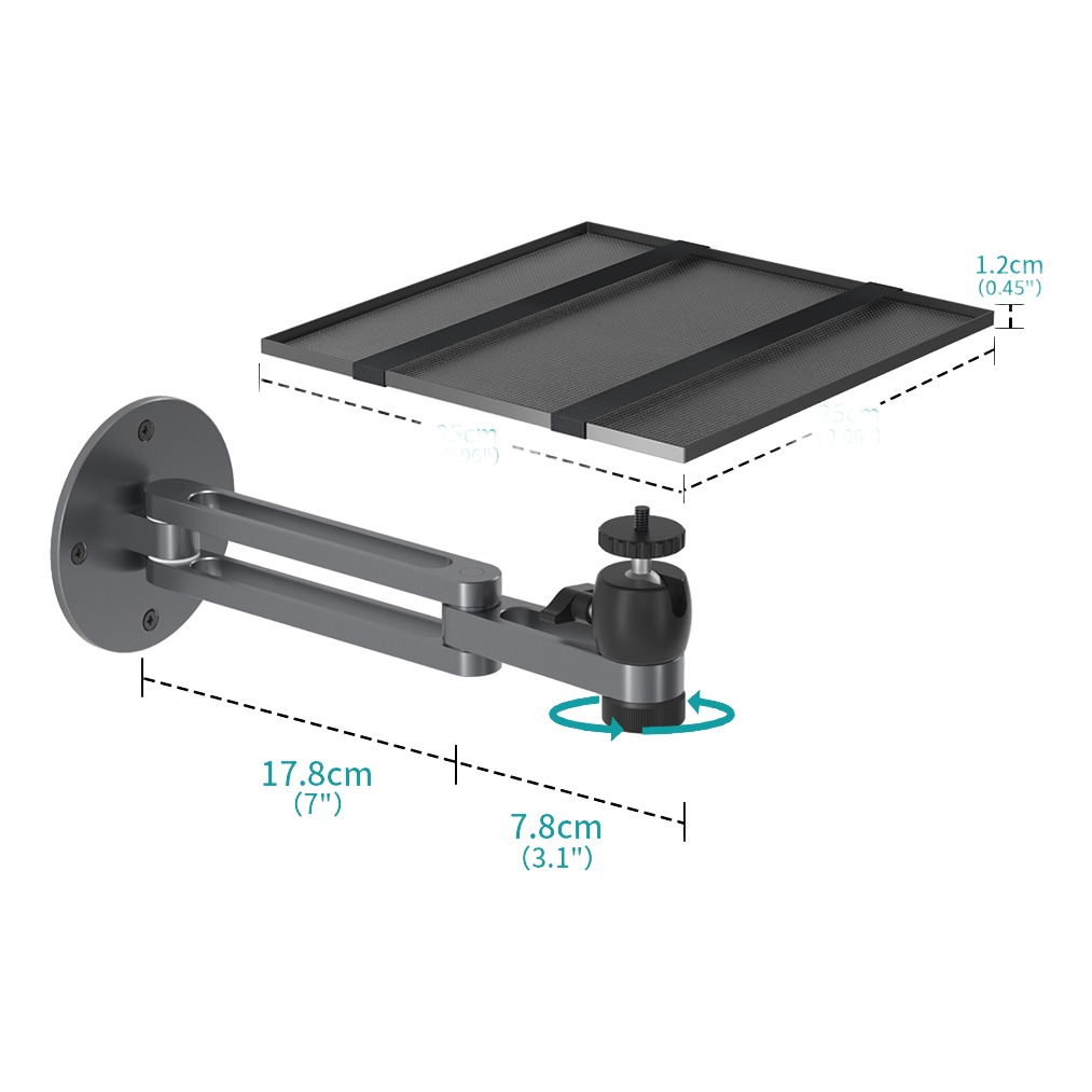Support vidéoprojecteur mural à bras pliant en aluminium, vue de trois quarts