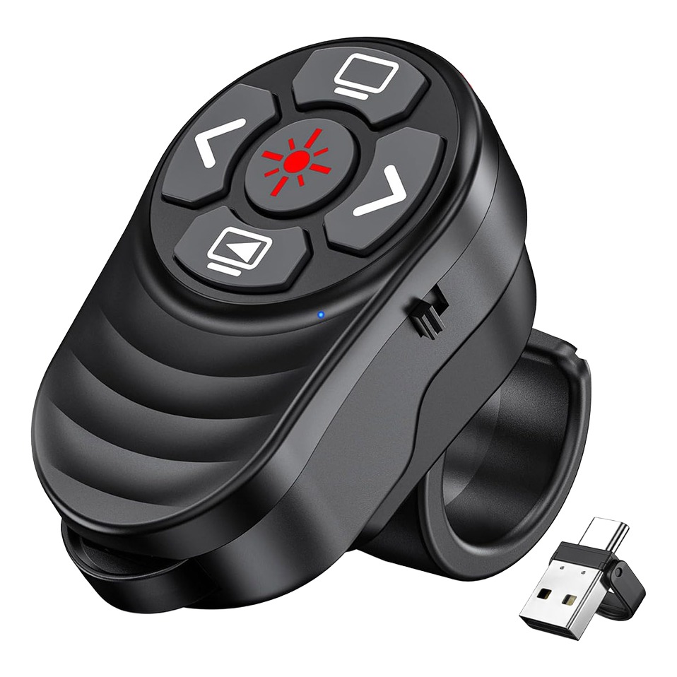Télécommande présentation en bague, pointeur rouge et récepteur USB-C, vue principale