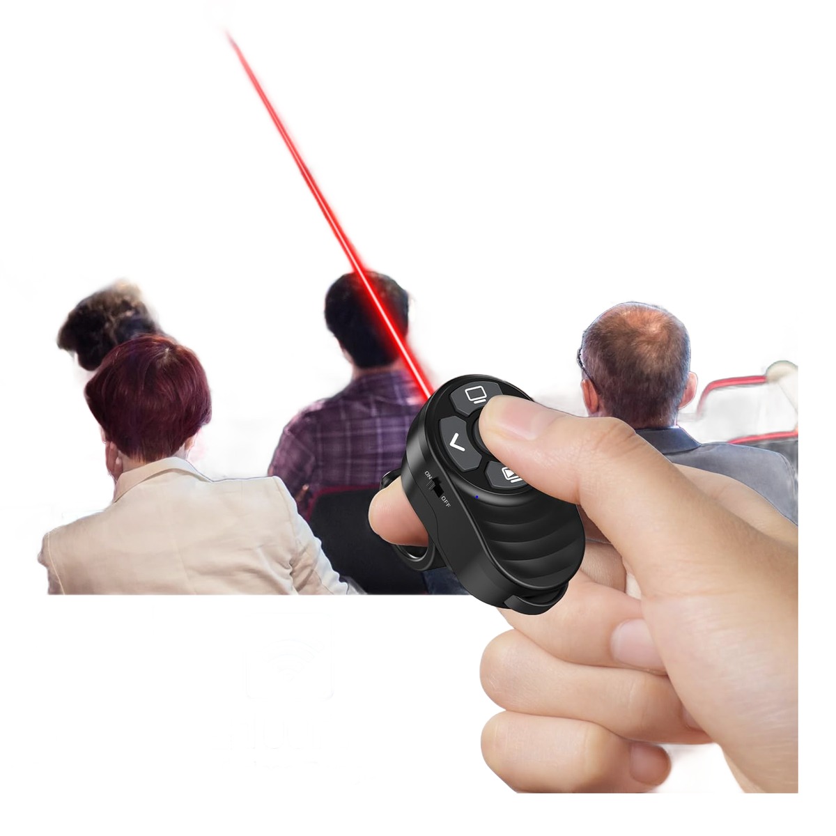 Télécommande présentation en bague, pointeur rouge et récepteur USB-C, vue de trois quarts
