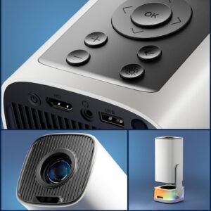 Vidéoprojecteur portable Full HD à socle lumineux, karaoké, vue de trois quarts